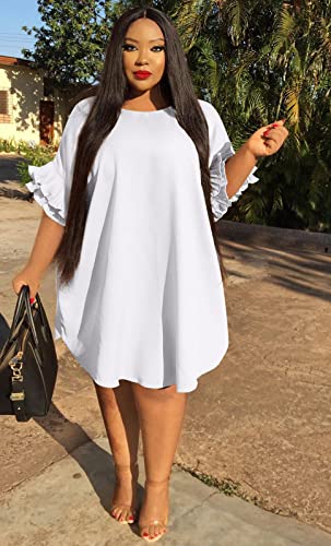 Image of Ekaliy Women's Casual Vintage Ruffle Sleeve Loose Party Midi Plus Size Dress Casual Summer