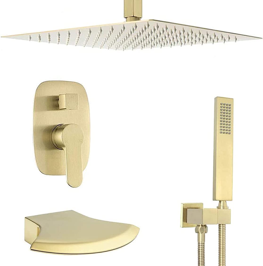 OZBMA shower set system, brushed d system waterfall tub spout faucet with 10-12 inch ceiling mounted rainfall head set,10