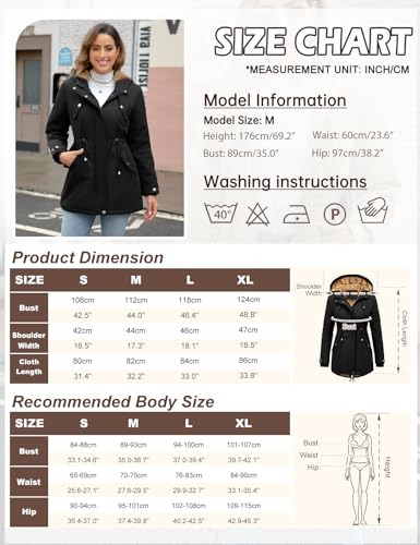 Nadeer Mantel Damen Winterjacke Lang Parka Gefüttert Wintermantel Wasserdicht mit Kapuze Warm Winterparka(Schwarz,L)