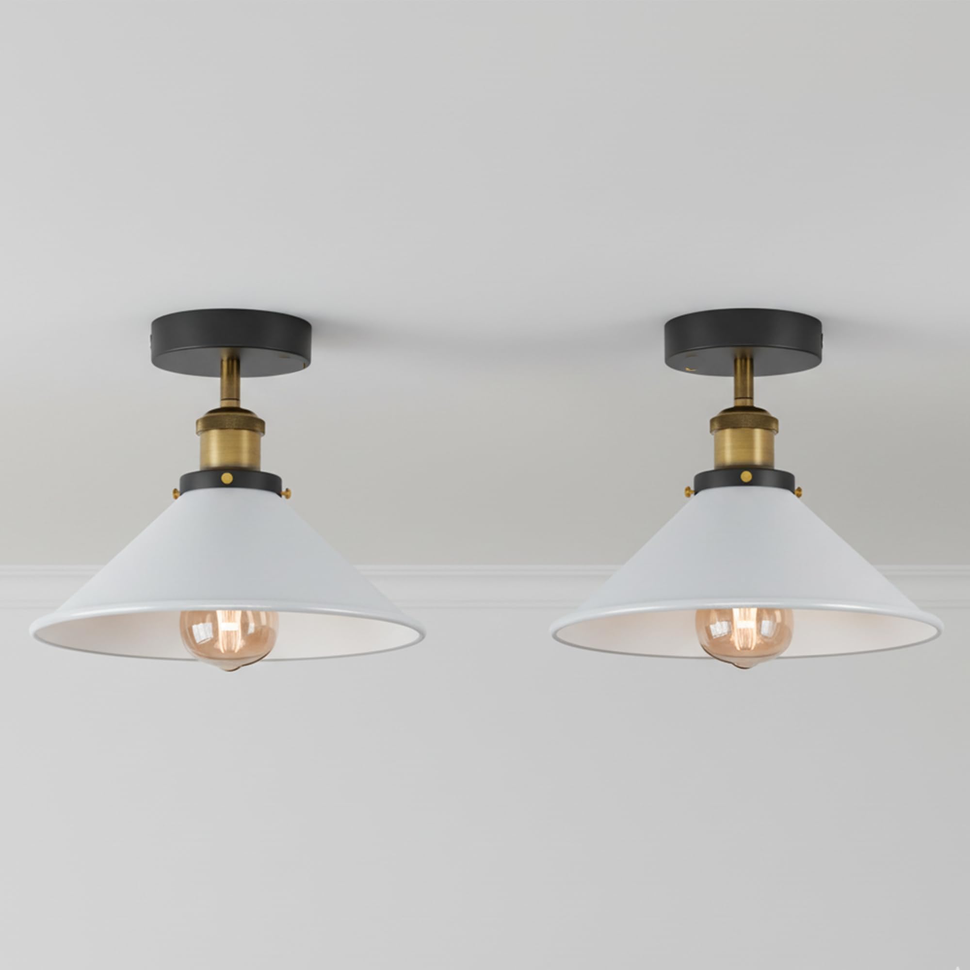 LEDSone 2 Pack Semi Flush Mount Ceiling Light E27 Metal White Cone Shade with Bulb โ image 1