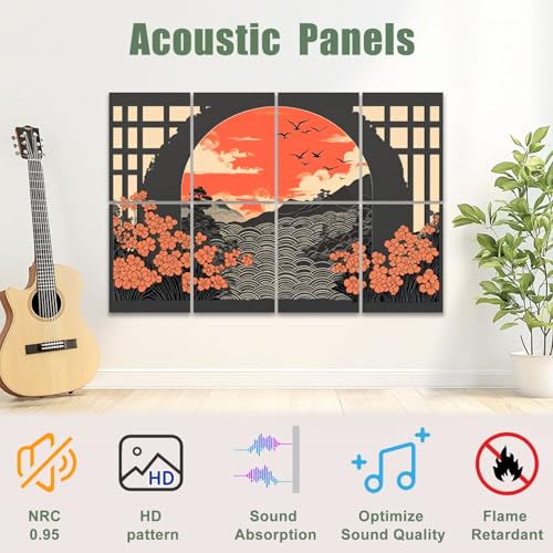 8 Pack Paneles Acústicos Auto Adhesivos Tradicional Paisaje Japonés Ondas Pájaros Elementos Florales Paneles Decorativos para Pared Aislantes de Sonido 48"x32" para Oficina Hogar Estudio miniatura 4