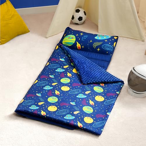 Image of JOIEDOMI Toddler Sleeping Bag for Kids 55''x30'' Nap Mat with Removable Pillow and Minky Blanket for Toddler Ages 3-7 Roll Up Soft Kids Sleeping Bag for Boys Girls Kindergarten Daycare Sleepover
