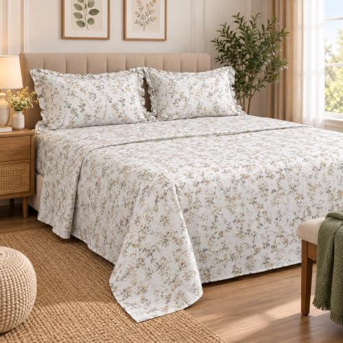 Image of Cottington Lane Pure Cotton King Bedsheet with 2 Pillow Covers | Soft & Breathable Floral Print Bedding Set | Verdant Bliss Design | King Bed Size Bedsheet