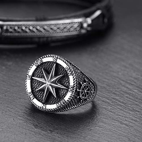 MATERIA Herrenring Kompass Silber 925 breit - Siegelring Herren Ringe Windrose Nautischer Stern antik schwarz 18-23mm – Bild 6