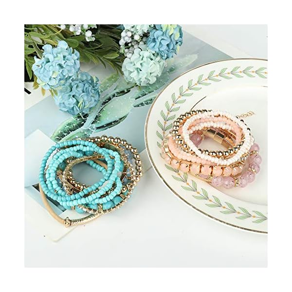 SAILIMUE 4 Sets Bohemian Stackable Bead Bracelets for Women Multicolor Stretch Beaded Bracelets Layered , Adjustable Bracelet Pink Black Turquoise Stretch Bracelets