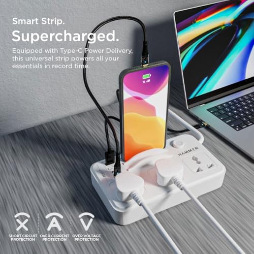 Image of HAMMER Power Strip with 3 Universal Sockets with Child Security, Total 40w (2 USB Ports and 2 Type C 20w PD Individual), Mobile Holder,High Temperature Surge Protector,2300W with 1.5 Meter Cable White