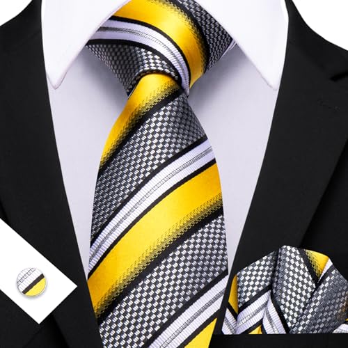 Image of Barry.Wang Mens Tie Set Plaid Check Neckties Formal Business Wedding Luxury Pocket Square Cufflinks