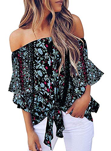 Asvivid Womens Summer Floral Printed Off The Shoulder Tops 3 4 Flared Bell Sleeve Blouses Tie Knot T-Shirt Tops L Black