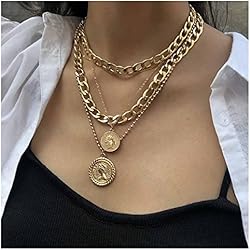Gargantilla Medallas Dervivea Boho Layering Collar Gargantilla Cadena Oro Moneda Disco Gargantilla Collar Punk Cadena Cubana Collar Retrato Medalla Colgante Gargantilla Collar Joyería Para Mujeres Y Niñas