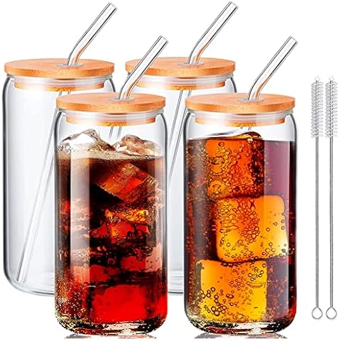 Glass Cups with Lids and Straws 16oz, Drinking Glasses Beer Can Glasses Set of 4, Iced Coffee Cups with 4 Bamboo Lids, 4 Glass Straws, 2 Straw Cleaners, Glass Tumbler Reusable Cute Cups, Clear Cover