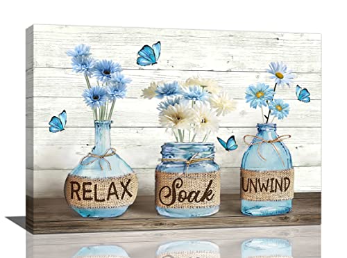 Tijuboni Farmhouse Bathroom Blue Daisy Decor Wall Art 16"x24"