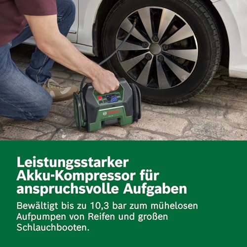 Bosch Akku-Kompressor PAO 18V (Zum Aufpumpen von Reifen bis hin zu großen Schlauchbooten; inkl. Reifenventil, Luftpumpenclip, französischem Ventil, Ballnadel, Volumenadapter)