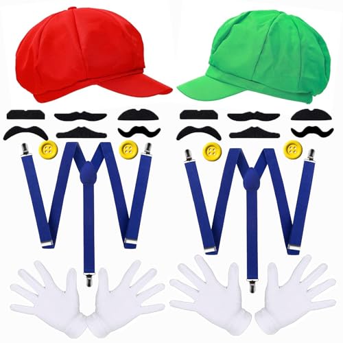 Disfraz Super Bros Accesorios con 2 Gorra,2 Tirantes Elásticos,12 Bigotes,4 Botones,Super Bros Costume Pareja Carnaval Accesorios para Navidad,Halloween,Carnaval,Fiestas Temáticas