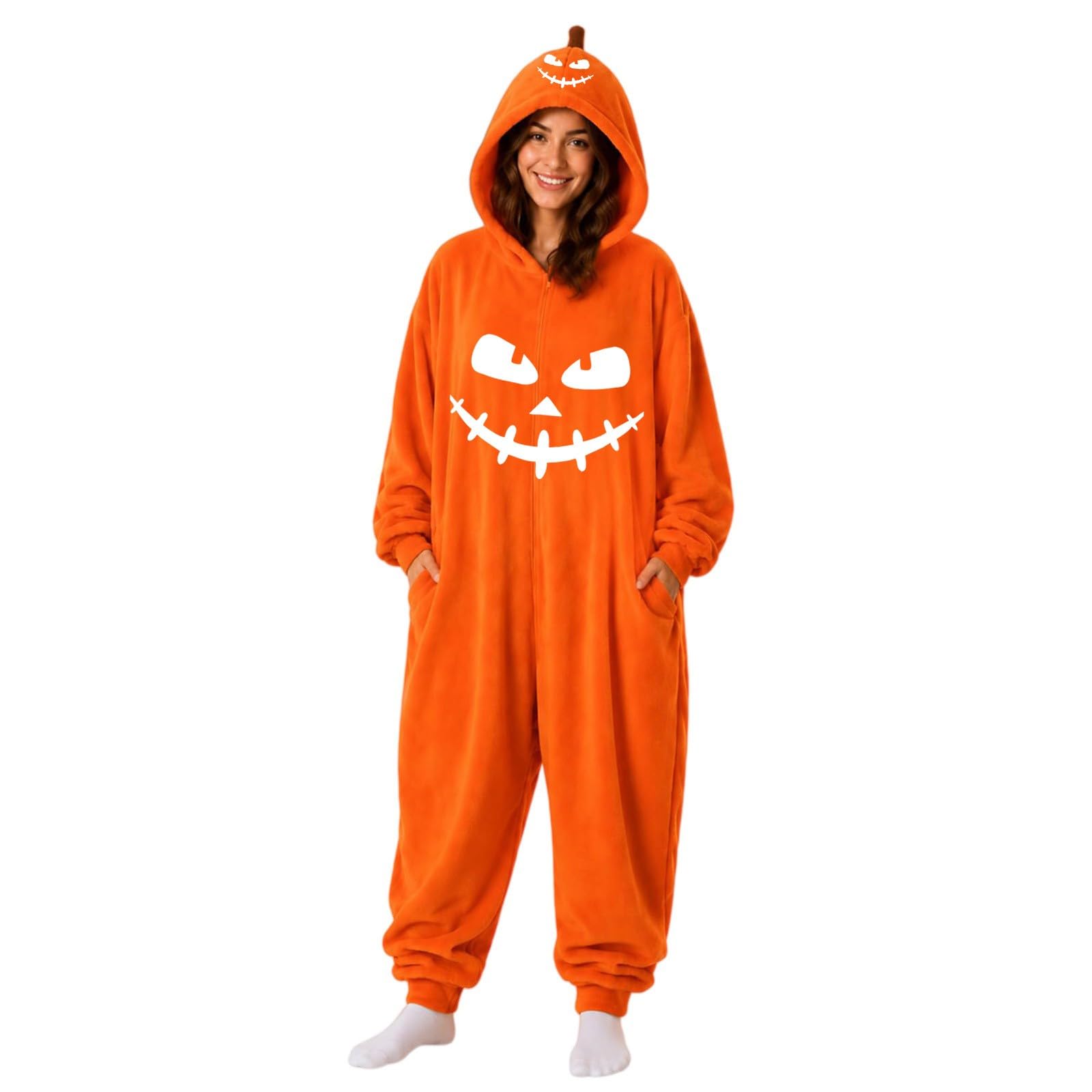 Costume Halloween Donna, Pigiama Intera Halloween Zucca con Cappuccio, Tuta Onesie in Pile Divertente, Pigiama Completo Adulto da Casa per Festa, Cosplay, Carnevale, Natale e Serate a Tema