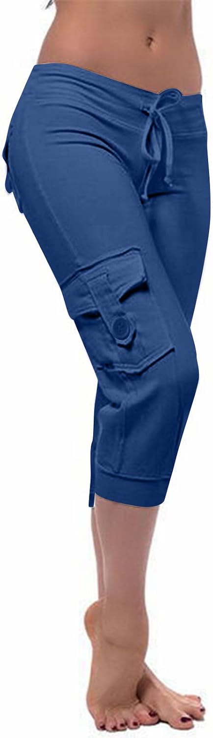 Elastic Waist Button Pocket Cargo Pants for Women Casual Multi-Pocket Casual Trousers, Relaxed Fit Comfort Long Pant