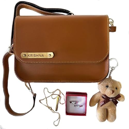 Nupur Studios Personalized Brown Leather Crossbody Bag with Gold Nameplate and Pendant, Gift Set with Teddy Bear and Rings Valentine Gifts, Gift Ideas, 1 513JS6cwpYL. SL500