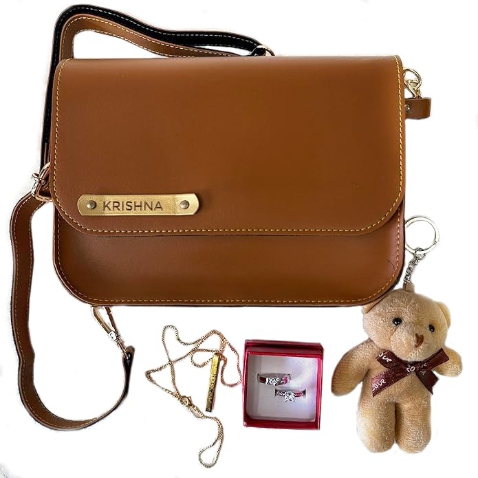 Nupur Studios Personalized Brown Leather Crossbody Bag with Gold Nameplate and Pendant, Gift Set with Teddy Bear and Rings Valentine Gifts, Gift Ideas,