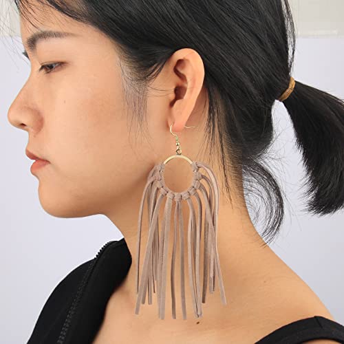 Western Leather Tassel Earrings Bohemian Handmade Fringe Dangle Drop Earrings For Women Girls (Khaki) #TOP1
