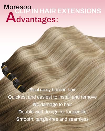 Image of Moresoo Balayage Clip in Hair Extensions Medium Brown to Light Brown with Medium Blonde Ombre Clip in Human Hair Extensions Remy Human Hair Long Full Head 120g /7pcs 20in