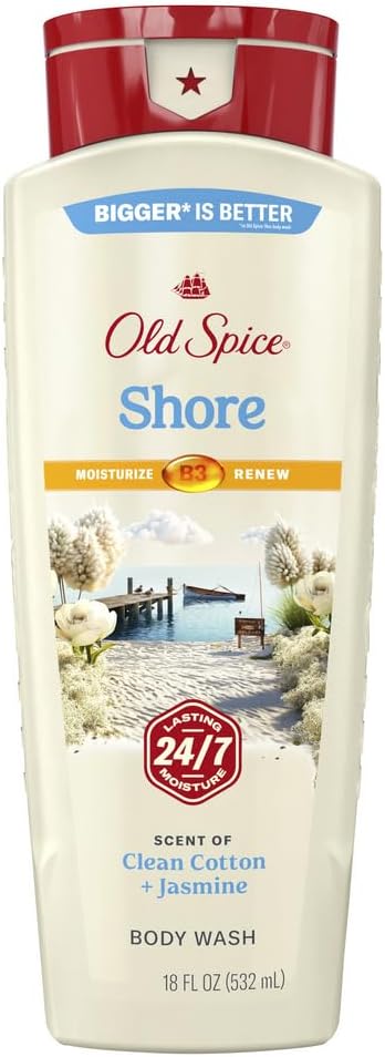Gel de baño limpiador para hombres, ducha fresca las 24 horas, los 7 días de la semana, con aroma duradero, hidrata y renueva, suave para la piel, vitamina B3, orilla con aroma limpio a algodón y jazmín, 18 oz