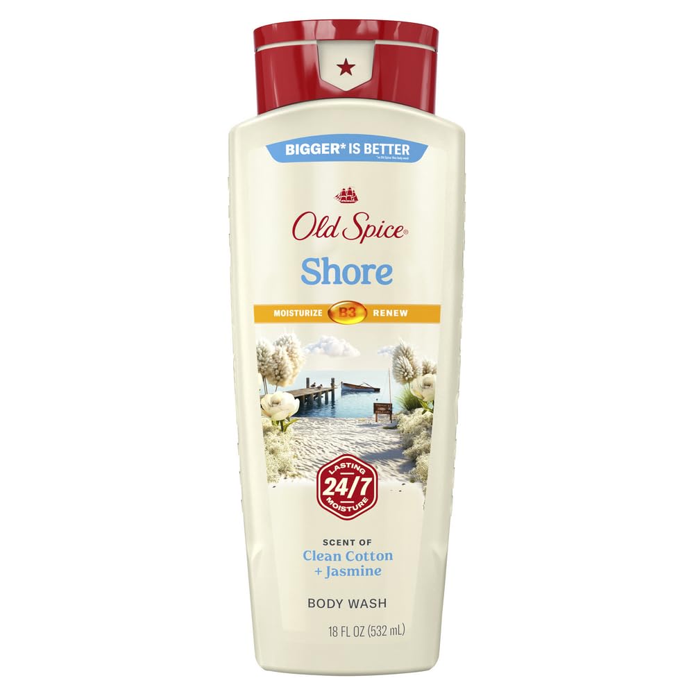Old Spice Cleansing Body Wash for Men, 24/7 Shower Fresh with Lasting Scent, Moisturize & Renew, Gentle on Skin, Vitamin B3, Shore with Clean Cotton & Jasmine Scent, 18 oz