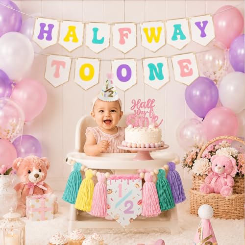 Image of 1 /2 Birthday Girl Half Birthday Decorations, Donuts Candy Half Way to One Banner Glitter Cake Topper Tassel Wood Bead High Chair Banner & Cone Hat 6 Months birthday Decorations Party Supplies