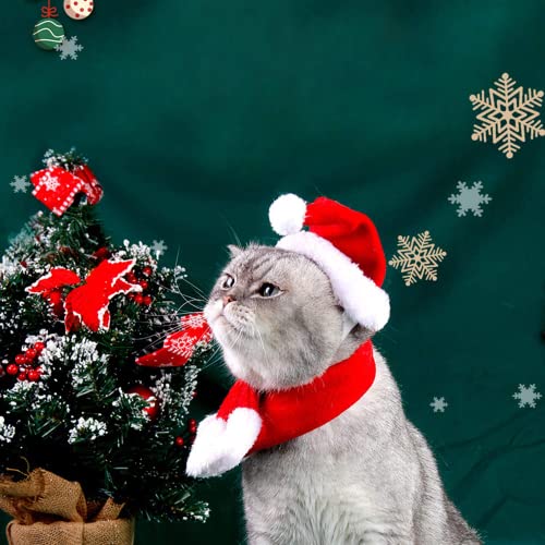 Obsgumu Dog Cat Pet Santa Hat With Scarf, Christmas Costume Set Pet Clothing With Santa Hat And Scarf For Cat Puppy Dog, Red Christmas Hat #TOP3