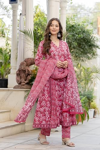 Image of Aradhika Women's Pure Cotton Printed Anarkali Kurta with Pants and Dupatta | 3 Pieces Ethnic Wear for Women | Casual, Festive & Dailywear | Soft & Breathable Kurta Suit Set.