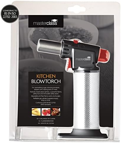 MasterClass Blow Torch, Refillable Kitchen Gas Torch, Adjustable Anti-flare Flame, Non-Slip Metal Design, Silver/Black/Red