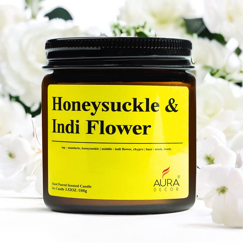 Image of AuraDecor Scented Jar Candle | Handpoured Soy Wax Candle with Long Lasting Burn Time | Premium Amber Jar Aromatherapy Candle | Ideal Gift for Home & Decor (Large, Honeysuckle & Indi Flower)