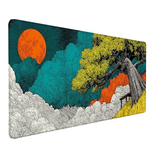 Tapis de souris XXL 800x300mm au motif arbre et soleil pour bureau