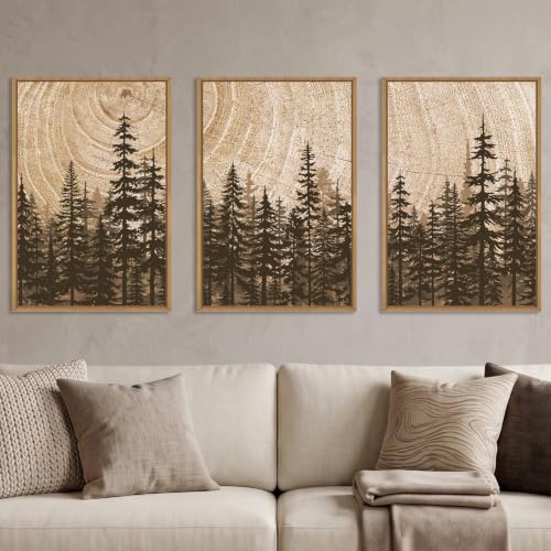 Celestdeco Pine Tree Framed Canvas Wall Art Set, Natural Woodland Landscape Wall Decor, Large Retro Forest Painting, Vintage Brown Artwork for Living Room, Bedroom, Kitchen, Study, Office-16 x24 x3
