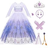 Kitimi Deguisement Robe Reine des Neiges Fille, Elsa Costume Robe Princesse Enfant Jupe Longue en Tulle avec Baguette Magique Princesse Couronne pour Carnaval Anniversaire Halloween Noel