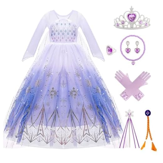 Kitimi Elsa Kleid Prinzessin Kleid Mädchen mit Krone Zauberstab Halsketten, Eiskönigin Elsa Kostüm Mädchen Abendkleid Lang Prinzessin Kostüm Dress für Weihnachten Cosplay Karneval Geburtstag Party