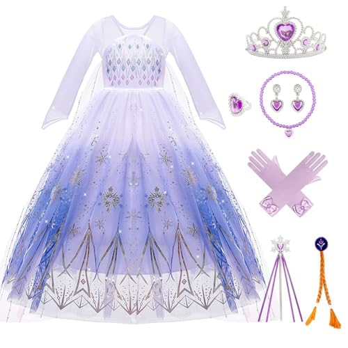 Kitimi Deguisement Robe Reine des Neiges Fille, Elsa Costume Robe Princesse Enfant Jupe Longue en Tulle avec Baguette Magique Princesse Couronne pour Carnaval...
