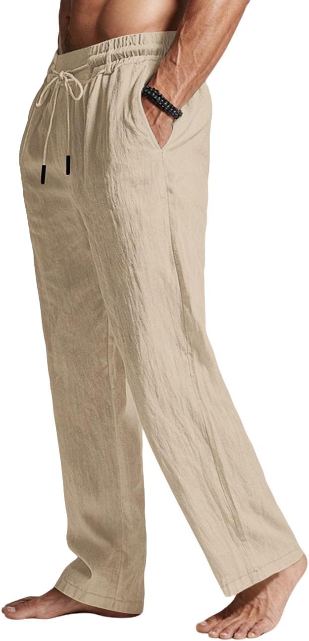 Men's Casual Linen Pants Elastic Waist Drawstring Summer Beach Lightweight Trouser with Pockets