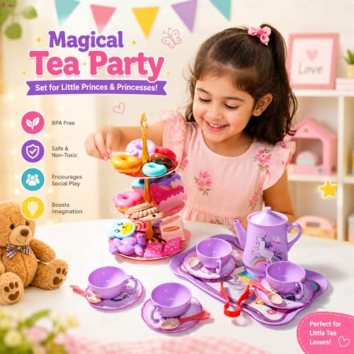 Image of Vikrida 48Pcs Tea Set, Kids Pretend Toy Tea Set and Carrying Case,Rainbow Magic Unicorn Design for Girls Princess Boys 3-6
