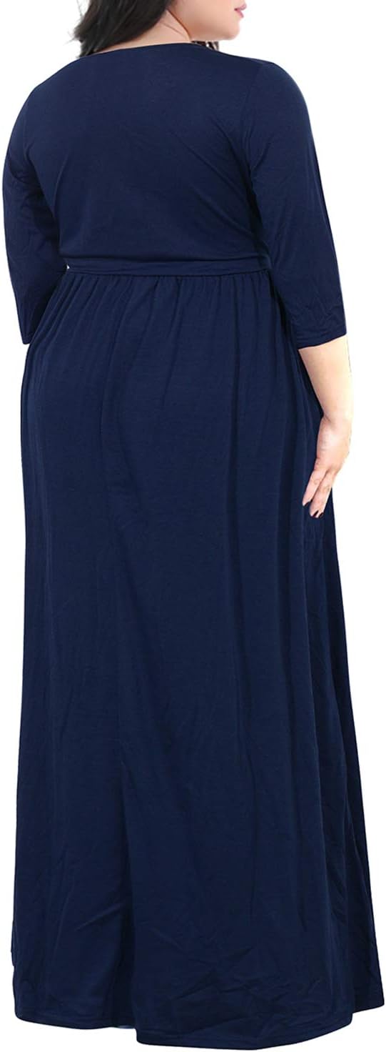 Nemidor Womens Casual V-Neck 3/4 Sleeve Plus Size Long Maxi Dress with Pockets NEM170 - Image 2