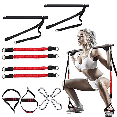 WNOEY Pilates Bar Kit Adjustable, Yoga Pilates Stick with Resistance Band, Pilates Exercise Bar with Foot Loops for Stretching Twisting Sit-Up, Home Workout Pilates Equipment (120LBS)