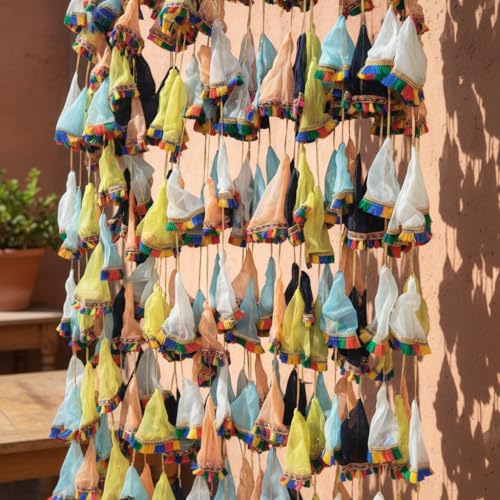 Image of iHandikart Pack of 10 Multicolor Gota Net Hangings with Vibrant Lace (4 Feet) - Traditional Indian Decoration Latkans for Haldi, Mehandi, Wedding Backdrop, & Festive Event Decor