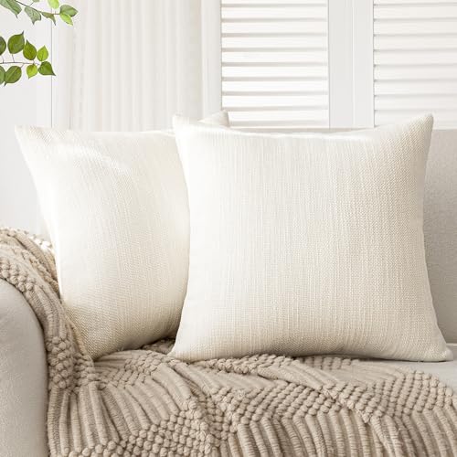 Image of Foindtower Set of 2 Decorative Textured Burlap Linen Throw Pillow Covers Farmhouse Boho Cushion Cover Solid Accent Pillowcase for Couch Sofa Bed Living Room Home Decor,20x20 Inch,Cream White