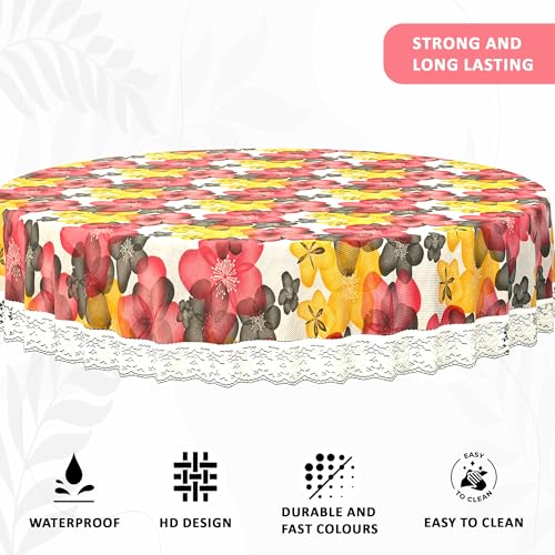Image of Kuber Industries Polyvinyl Chloride(PVC)60x60 Inches Round Waterproof 4 Seater Dining Table Cover,Durable & Wipeable Centre Table Sheet,Cloth & Protector for Home,Bedroom&Office,Multi Floral,White Red