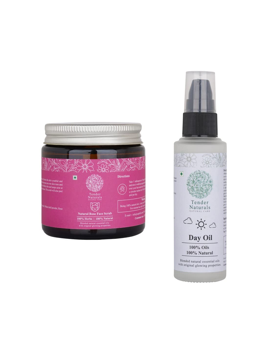 Tender Naturals Day Oil- 100g & Rose Face Scrub- 50 ml For Glowing Skin, Radiant Skin, Reduces Dark Spots & Pigmentation, Tanning Prevention, Dullness & Dark Spots Removal For Women (Combo)