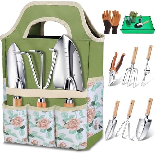 Kynup Ensemble Robuste d'Outils de Jardinage, Set de 9 Pièces d'Outils de Jardinage, Set de Jardinage en Acier Inoxydable, Set Cadeau Inoxydable avec Sac de Rangement Robuste, Poignée Ergonomique