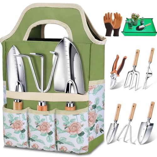 Kynup Ensemble Robuste d'Outils de Jardinage, Set de 9 Pièces d'Outils de Jardinage, Set de Jardinage en Acier Inoxydable, Set Cadeau Inoxydable avec Sac de Rangement Robuste, Poignée Ergonomique