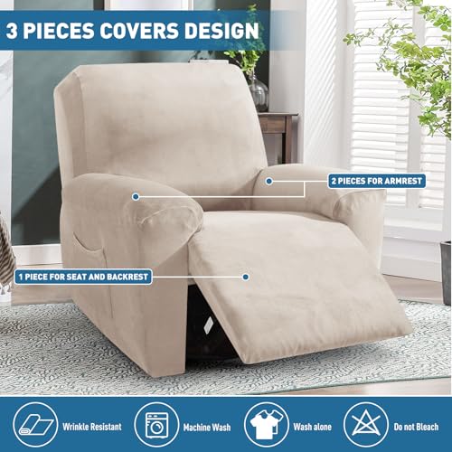 Image of ZNSAYOTX 2026 Velvet Oversized Recliner Cover 3-Piece, Luxury Plush Recliner Chair Covers with Elastic Band & Ties Stay in Place, Stretch Reclining Slipcover for Lazy Boy Soft Washable (Khaki)
