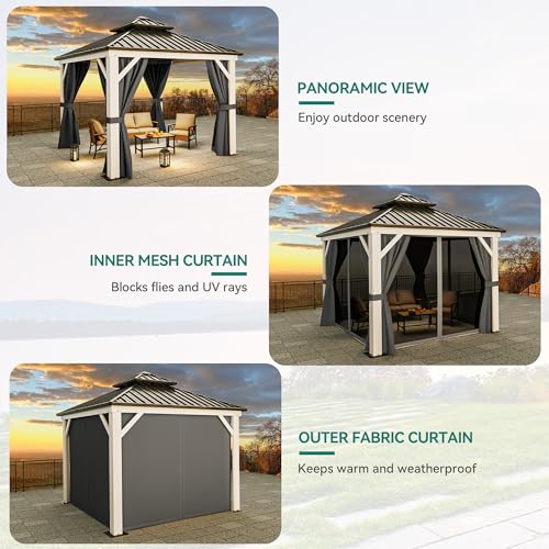 YITAHOME-White-Gazebo-10x10ft-Hardtop-Double-Roof-Canopy-Galvanized-Iron-Aluminum-Frame-Outdoor-Gazebo-with-Netting-and-Shaded-Curtains-Garden-Tent-for-Patio-Backyard-Deck-and-Lawns-Grey-Curtain YITAHOME White Gazebo 10x10ft Hardtop Double Roof Canopy Galvanized Iron Aluminum Frame Outdoor Gazebo with Netting and Shaded Curtains Garden Tent for Patio Backyard Deck and Lawns Grey Curtain