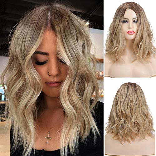 Baruisi Ombre Brown Bob Wig Short Wavy Natural Synthetic Heat Resistant Hair Full Wigs for Women Cosplay