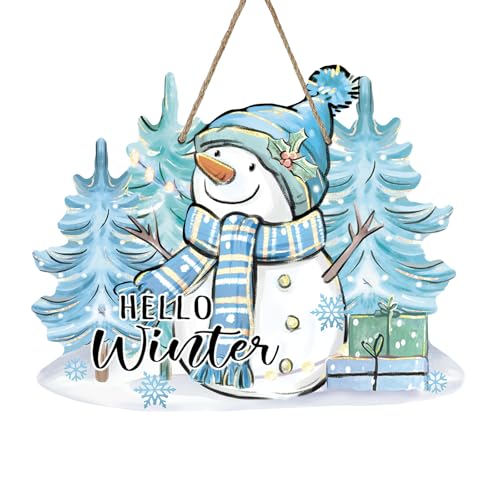 Bolisom Hello Winter Snowman Blue Front Door Sign, Pine...