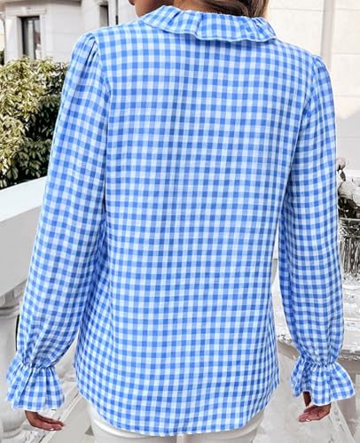 MINTLIMIT Womens Plaid Blouse Peasant Button Down Ruffle Neck Plaid Puff Long Sleeve Gingham Blouse Shirts3